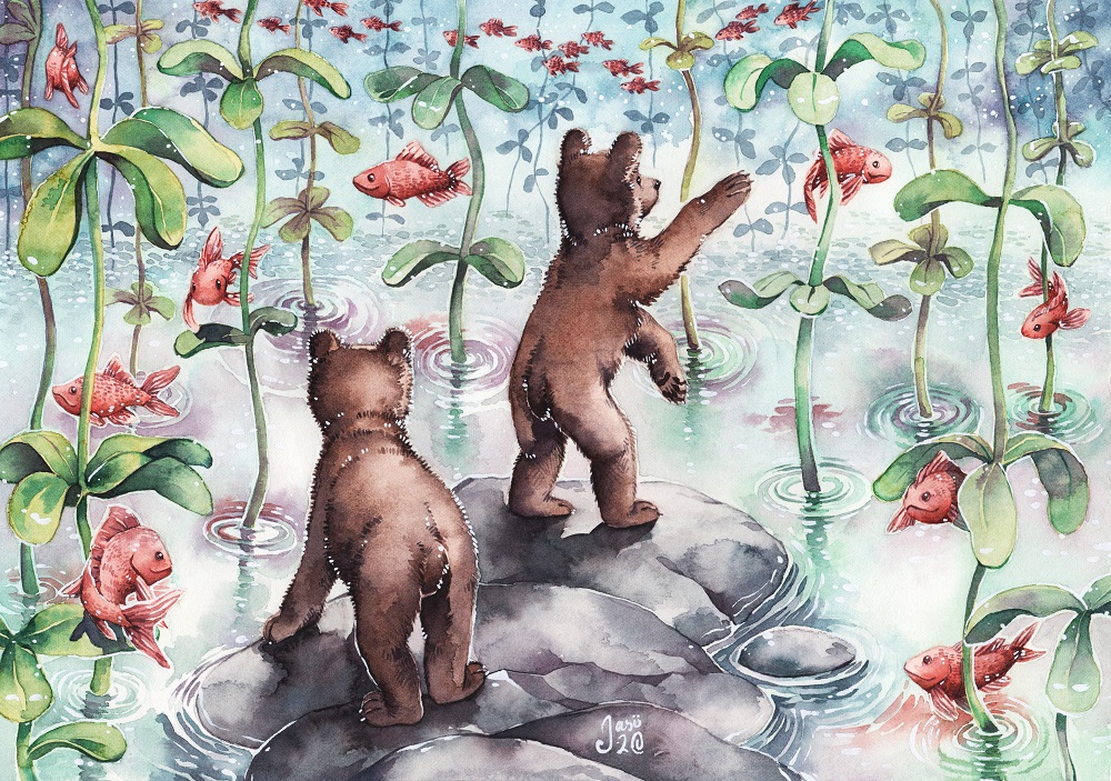 Print - Bear Cubs Catching Fish